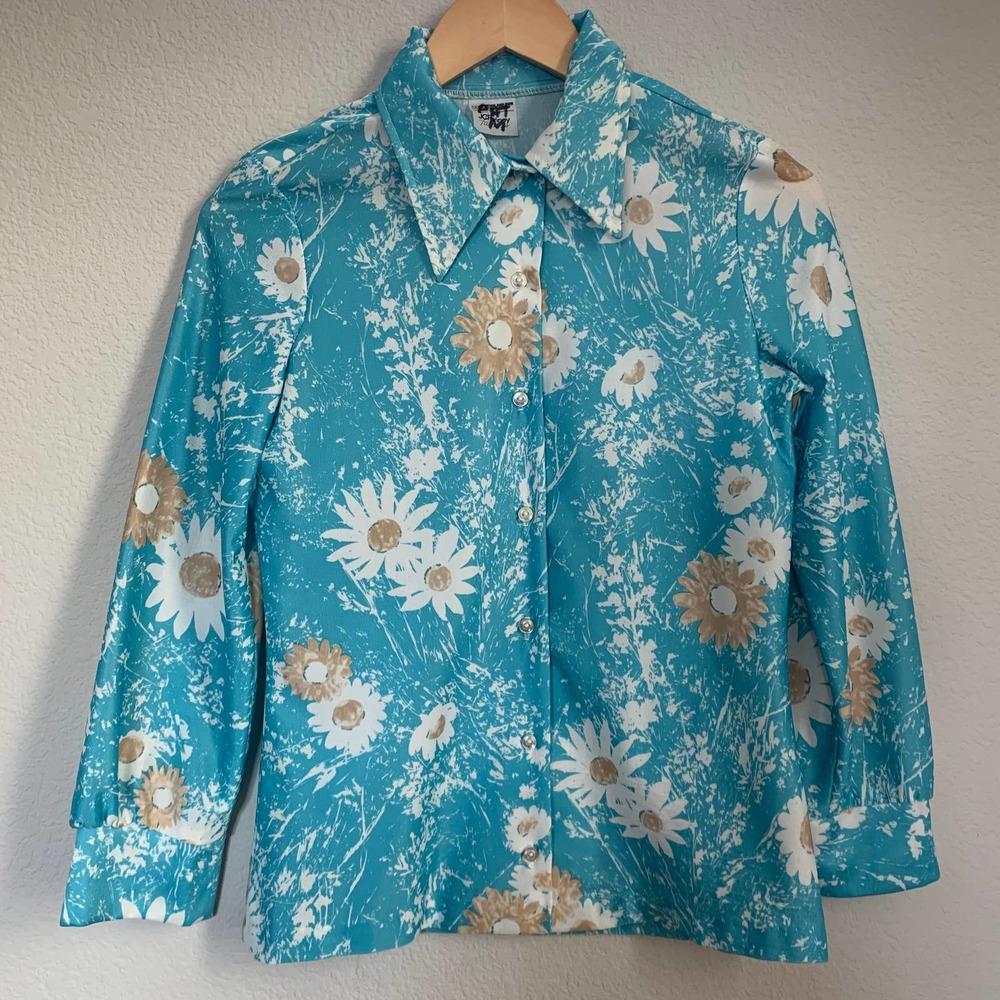 SOLD 70s Polyester Blue Floral Button-Down Sz XS-S - Picture 2 of 5